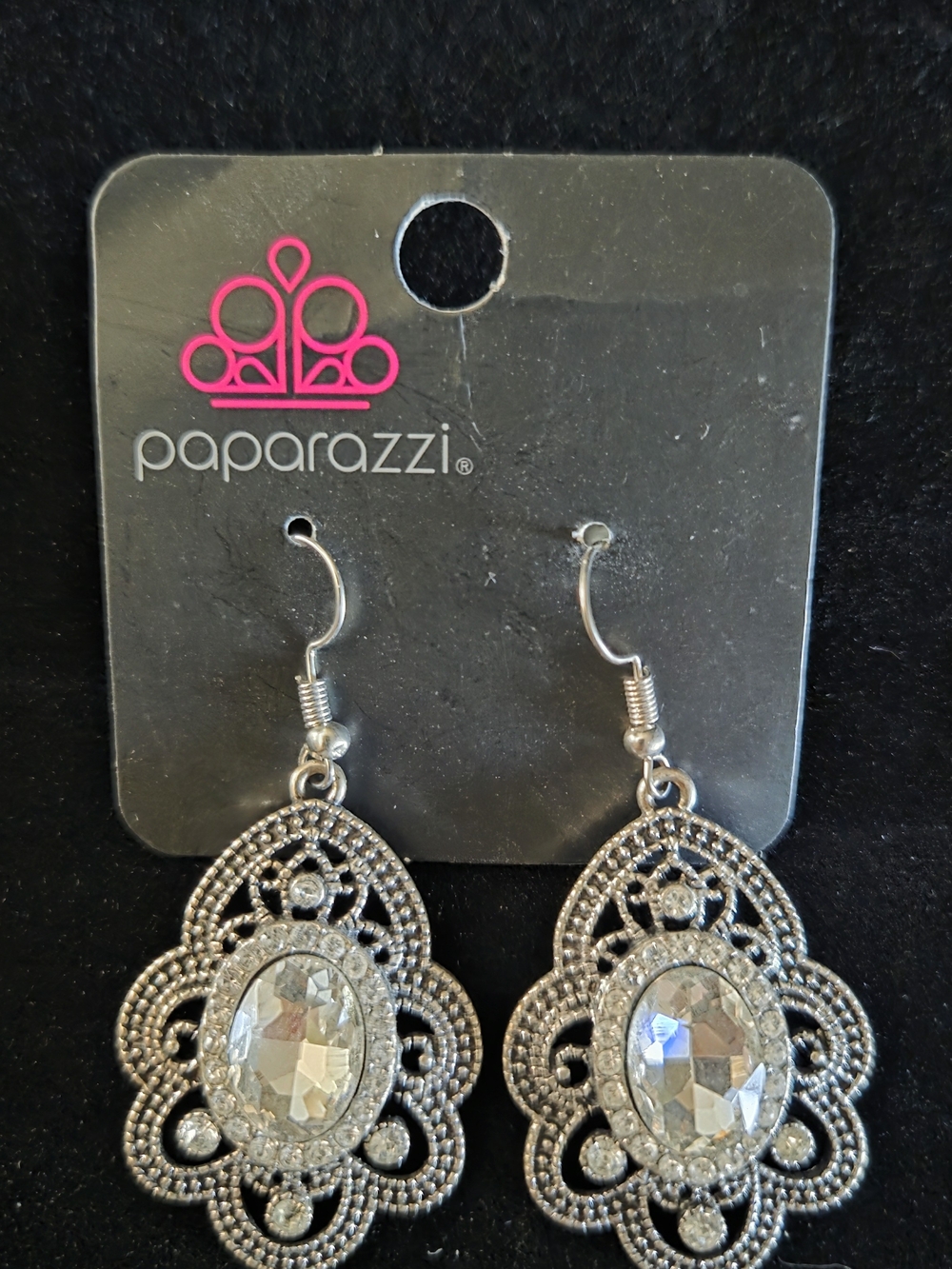 Paparazzi Silver Filigree Teardrop Earrings with Clear Stones NWT